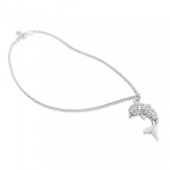 Sterling Silver Anklet 9.5 In. Clear Cubic Zirconia Pave Dolphin***Rhodium Plating/Nickle Free