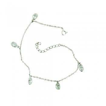 Sterling Silver Anklet 5 Cubic Zirconia Oval Bezel Charms