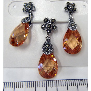 Marcasite Set Flower Top with Chess Cut Champagne Cubic Zirconia Broilette Dangling