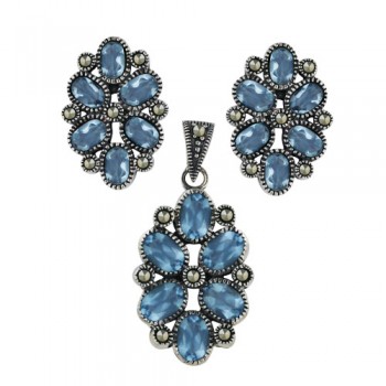 Marcasite Set 6 Oval Aqua Marine Glass