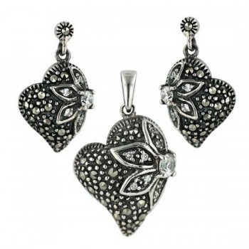 Marcasite Set Puff Heart with 1/2 Cubic Zirconia Flower