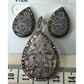 Marcasite Set Filigree Open Tear Drop with Square Cut Marcasite Surrou