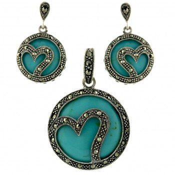 Marcasite Pendant (26mm) +Earg (16mm) Sets Open Heart Circle with