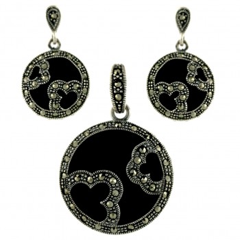 Marcasite Pendant (26mm) +Earg (16mm) Sets Open Flower Circle with