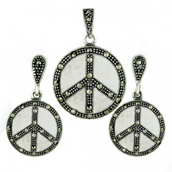 Marcasite Pendant (W=22M) +Earg (W=15mm) Sets Peace Symbol with with
