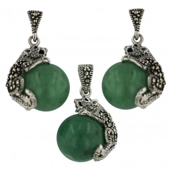 Marcasite Set 12mm Green.Aventurine Ball with Marcasite Cougar Oxid