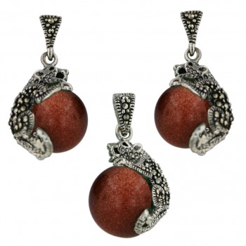 Marcasite Set 12mm Gold Sand Ball with Marcasite Cougar Oxidized R