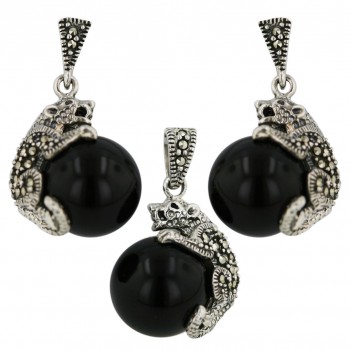 Marcasite Set 12mm Onyx Ball with Marcasite Cougar Oxidized Rope S