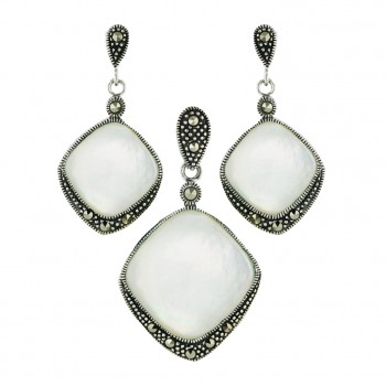 Marcasite Pendant (20X20mm) +Earg (15X15mm) Set White Mother of Pearl+Marcasite Cus