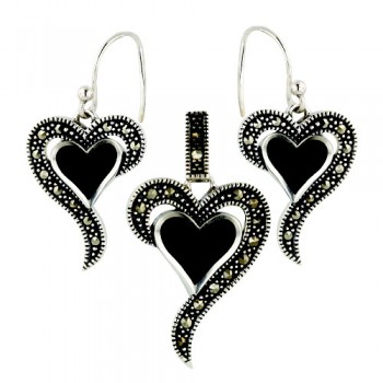 Marcasite Pendant 35X19mm+Earring 31X16mm Onyx Heart with 1/2 Marcasite H