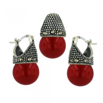 Marcasite Set 12mm Synthetic Red Coral Ball Latch Hoop