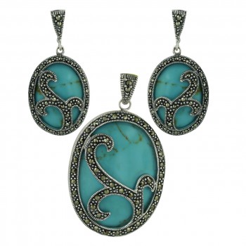 Marcasite Pendant 26mm+Earring 17mm Faux Turquoise Oval with Marcasite Wavy Line