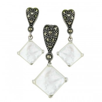 Marcasite Pdnt17X17mm+Earring 13X13mm White Mother of Pearl Rhombus Cabo