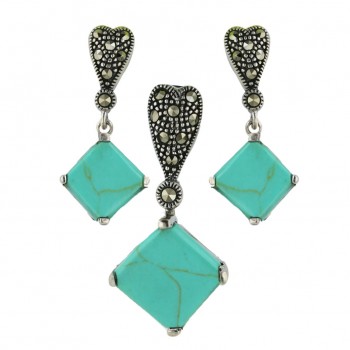 Marcasite Pdnt17X17mm+Earring 13X13mm Faux Turquoise Rhombus Caboch