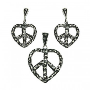 Marcasite Set Heart with Peace Symbol Oxidized Rope