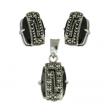 Marcasite Pendant 14X9mm+Earring 12X8mm Black Cubic Zirconia Oval with Oxidized R