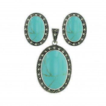 Marcasite Pendant 25X16mm+Earring 16X10mm Faux Turquoise Oval Cabochon