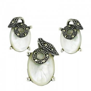 Marcasite Pendant 16X13mm+Earring 10X13mm White Mother of Pearl Oval with Pave