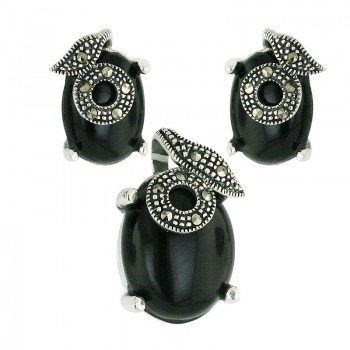 Marcasite Pendant 16X13mm+Earring 10X13mm Onyx Oval with Pave Marcasite C