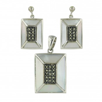 Marcasite Pendant 23X18mm+Earring 18X13mm White Mother of Pearl Square with Marcasite