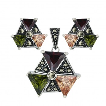 Marcasite Pendant 24X18mm+Earring 16X12mm Hexagon with Garnet +Garnet +Olivine Cubic Zirconia