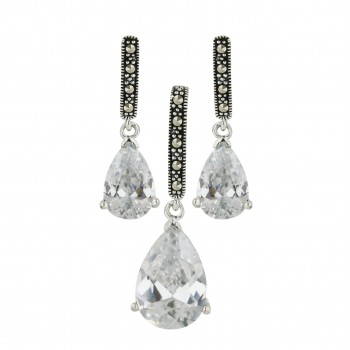 Marcasite Pendant 17X11mm+Earring 13X8mm Clear Cubic Zirconia Tear Drop Dangle with