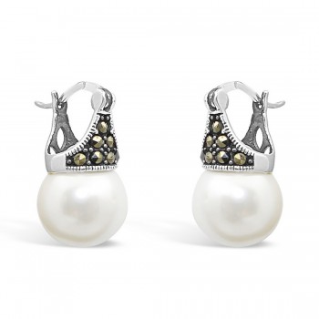 Marcasite Earring Swiss Marcasite) 10mm Latch White Pearl