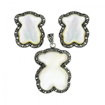 Marcasite Pendant 24X20mm+Earring 19X17mm White Mother of Pearl Teddy Bear