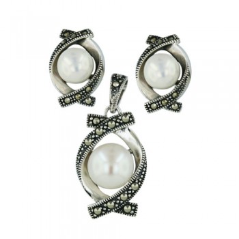 Marcasite Pendant 10mm+Earring 8mm White Fresh Water Pearl with Pave Marcasite Wrapped