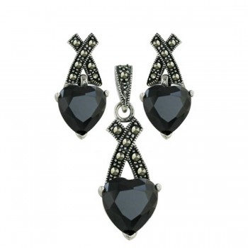 Marcasite Set Black Cubic Zirconia Heart with Pave Marcasite "X" Top