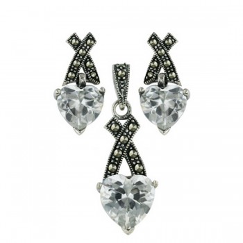 Marcasite Set Clear Cubic Zirconia Heart with Pave Marcasite "X" Top