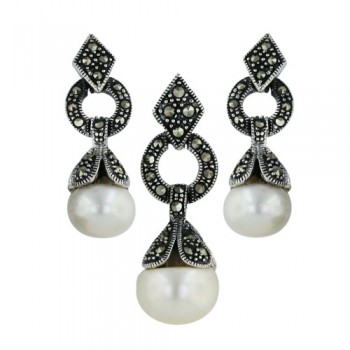Marcasite Set White Freshwater Pearl with Pave Marcasite Rhombus To