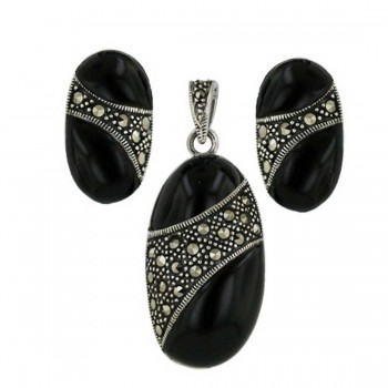 Marcasite Set 2 Dimensional Onyx Oval with Pave Marcasite Ctr