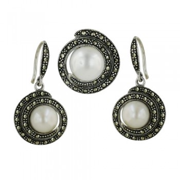 Marcasite Set White Freshwater Pearl with Pave Marcasite Swirl+Oxid