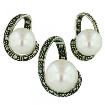 Marcasite Set White Freshwater Pearl with Open Pave Marcasite "C'