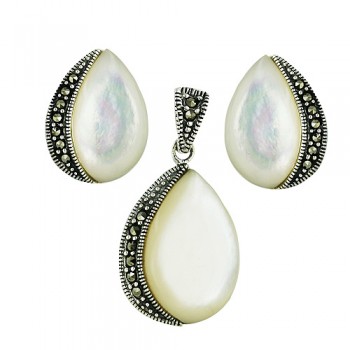 Marcasite Set Tear Drop Mother of Pearl Pendant/Earring with Post