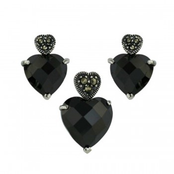 Marcasite Set Earring+Pendant Marcasite Heart Post with Black Cubic Zirconia Hear