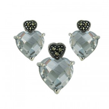 Marcasite Set Earring+Pendant Marcasite Heart Post with Clear Cubic Zirconia Hear