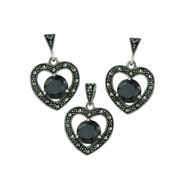 Marcasite Set Earring+Pendant Open Heart with Black Cubic Zirconia 3-Prong