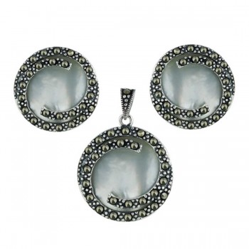 Marcasite Set Earring+Pendant Round Mother of Pearl with Marcasite Around