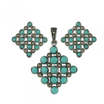 Marcasite Set 3mm Round Turquoise with Marcasite Pave Marquis