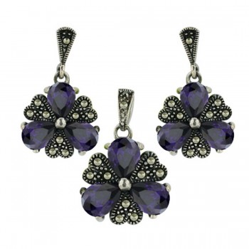 Marcasite Set Teardrop Ame Cubic Zirconia with Heart Shaped Marcasite As Flower