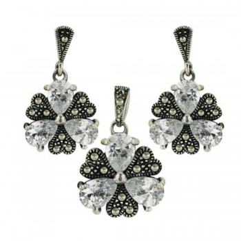 Marcasite Set Teardrop Clear Cubic Zirconia with Heart Shaped Marcasite As Flower