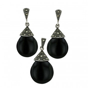 Marcasite Set 16mm Pear Onyx Triangle Marcasite Top