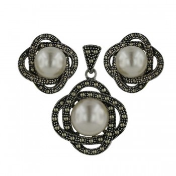 Marcasite Set 10mm White Pearl 4 Petals As 2 Lined Marcasite Pav