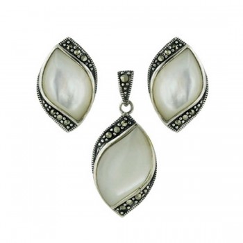 Marcasite Set Marquis Shape with Mother of Pearl Center