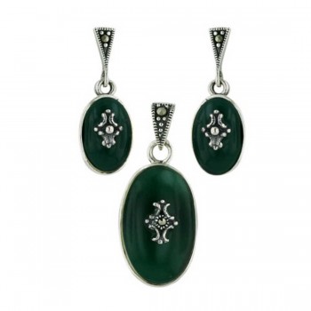 Marcasite Set Green Agate Oval with Cross in Center
