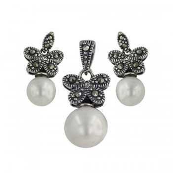 Marcasite Set Butterfly Dangle 8+10mm Shell Pearl