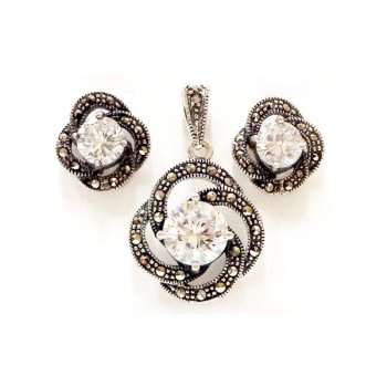 Marcasite Set Flower with Clear Cubic Zirconia