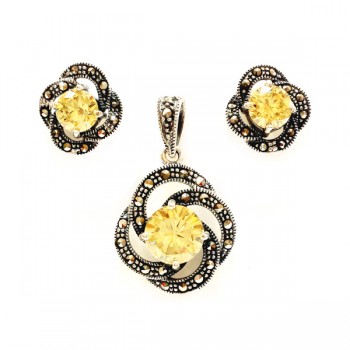 Marcasite Set Flower with Canary Cubic Zirconia